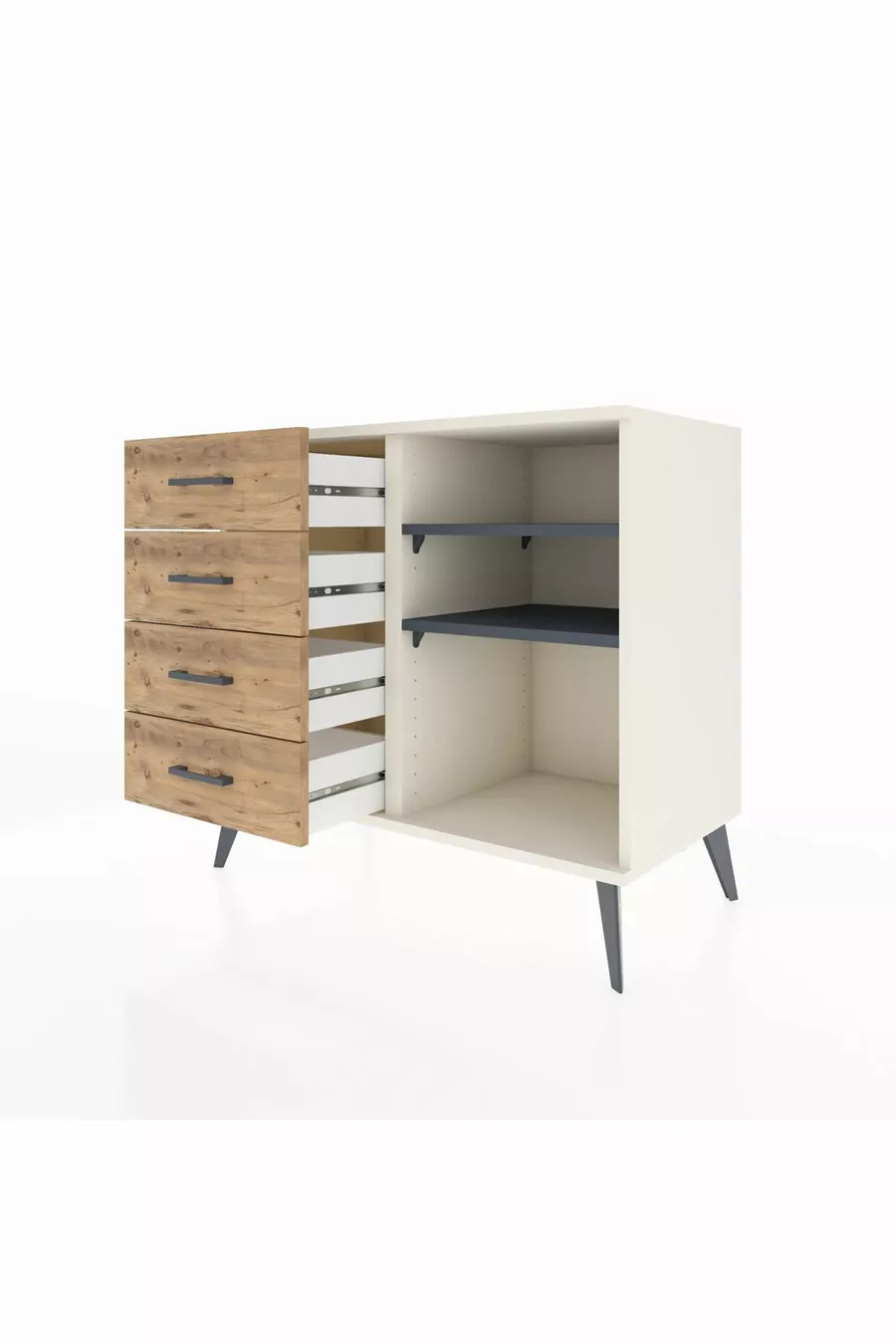 Commode Hyperion 2 étagères 4 tiroirs Pierre de lune-Anthracite/Sapin
