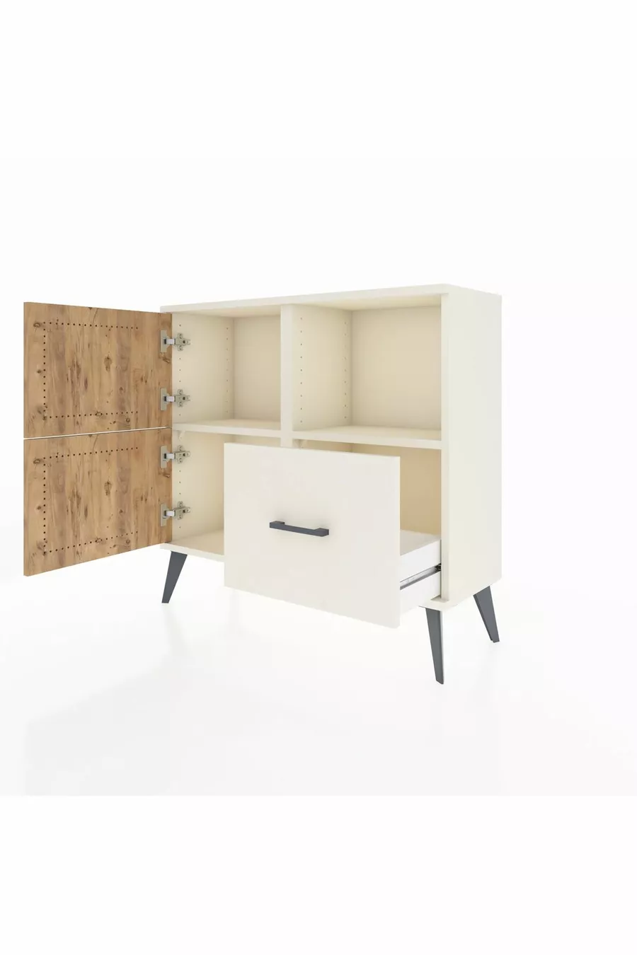 Commode Arges avec 2 étagères, 1 tiroir, 2 portes, couleur Pierre de lune/Pin