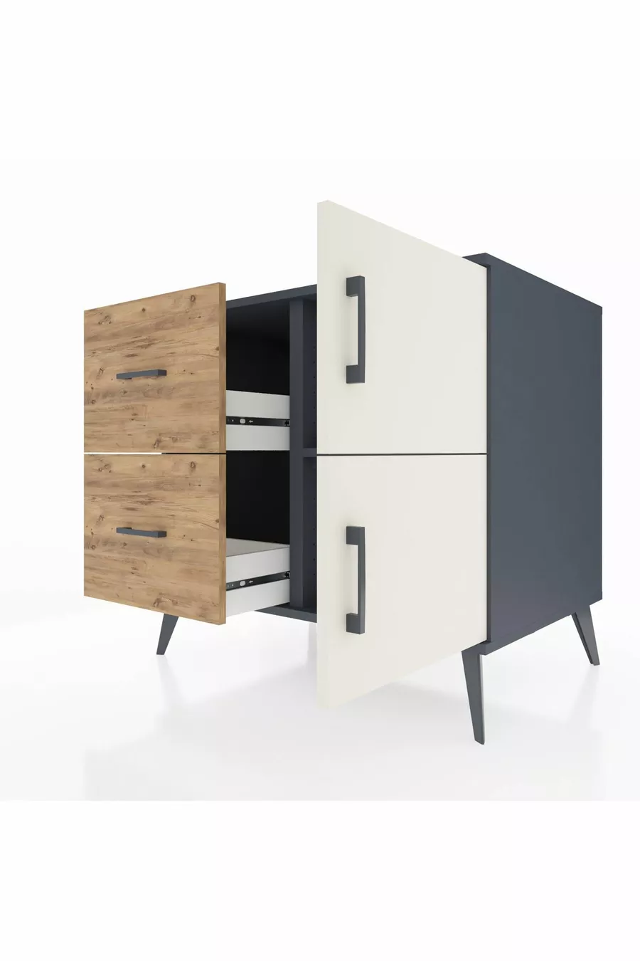 Commode Kronos à une étagère, 2 tiroirs, 2 portes, Anthracite-Pierre de Lune/Pin