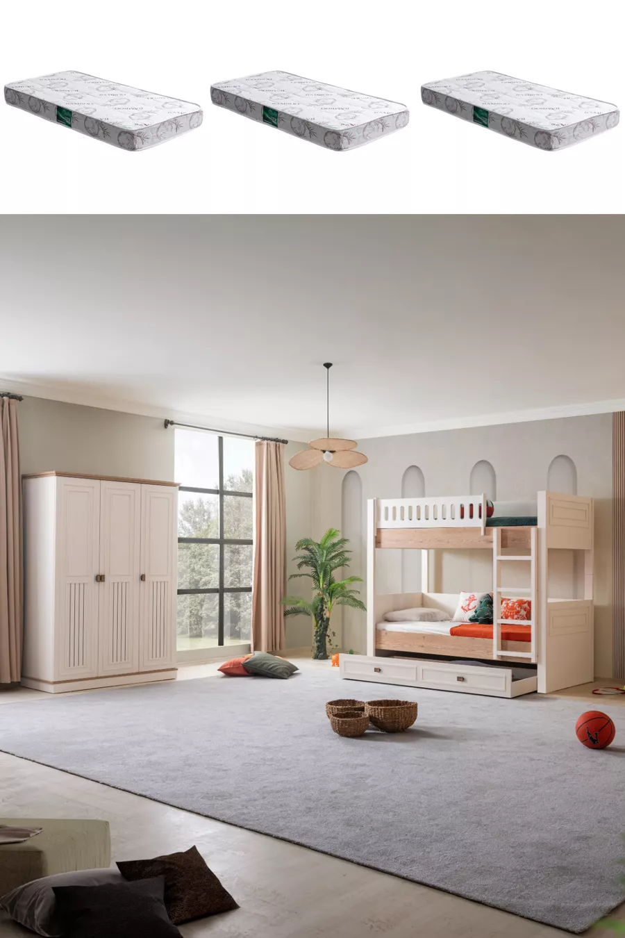 Lits superposés, Lit superposé Zenit avec tiroirs, Armoire à 3 portes, 3 matelas confort