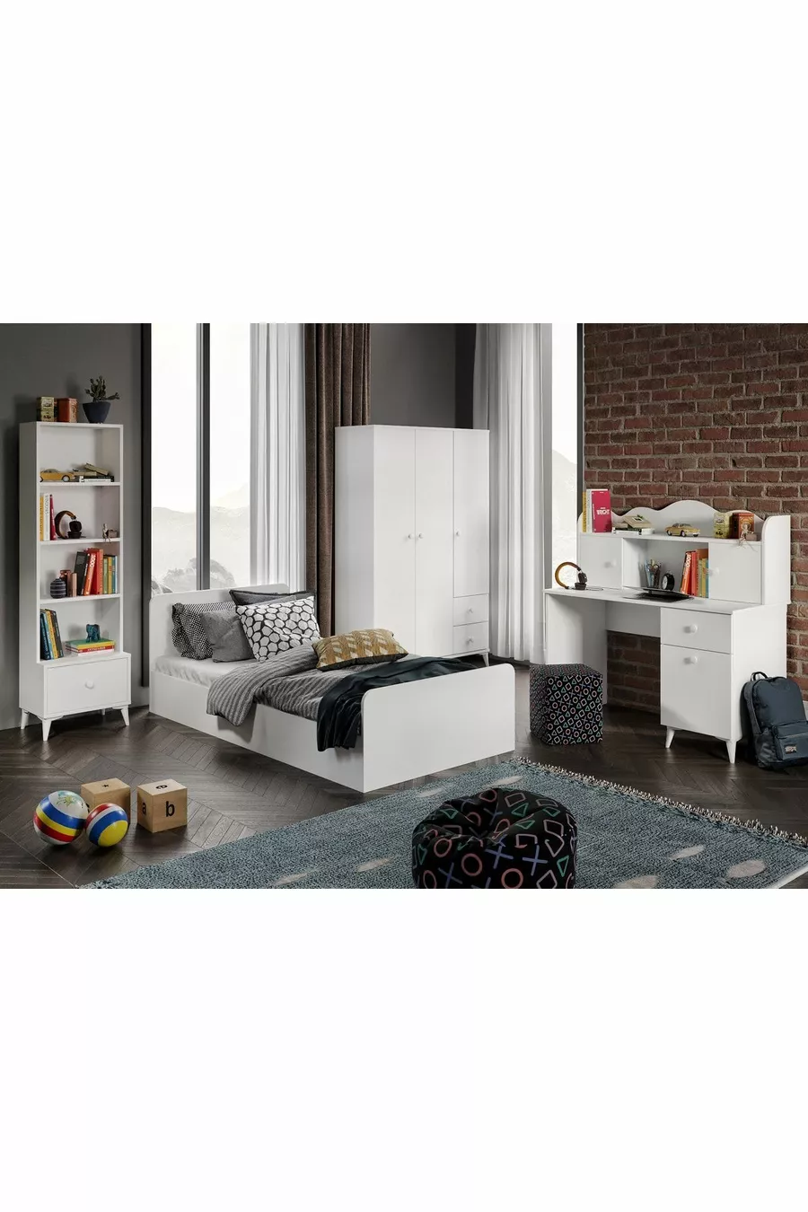 Ensemble chambre d'adolescent moderne Akasya blanc - 4 pièces et entièrement en MDF de première qualité