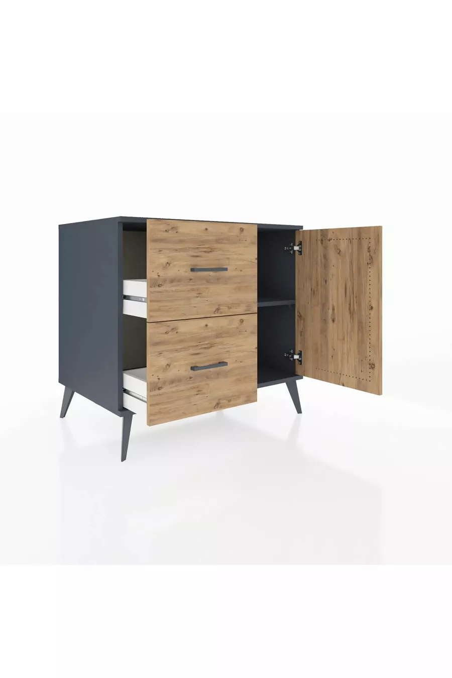 Commode Kronos avec une étagère, 2 tiroirs et une porte, Anthracite-Pin
