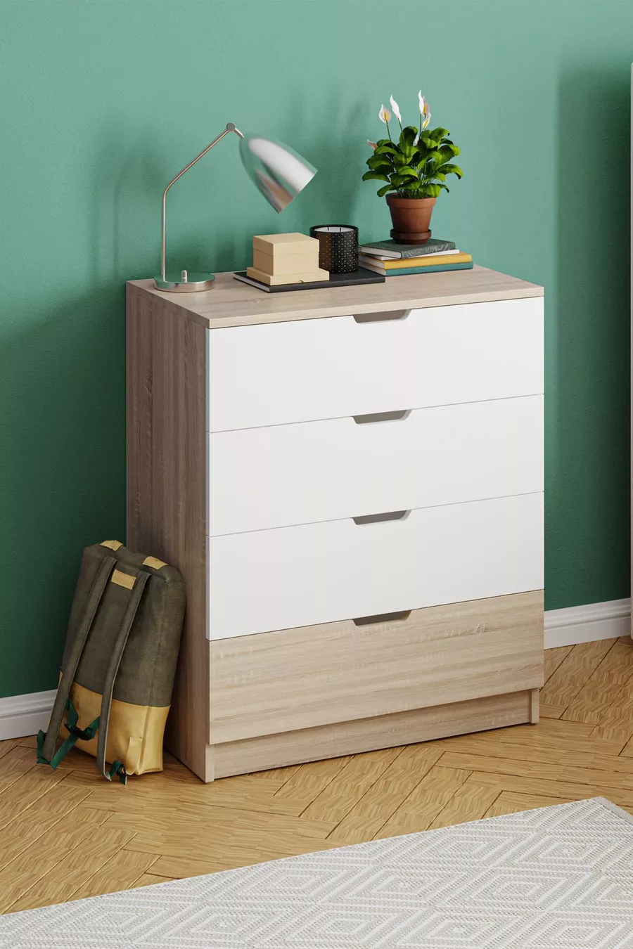 Commode Lento à 4 tiroirs pour chambre à coucher et chambre de bébé en chêne blanc