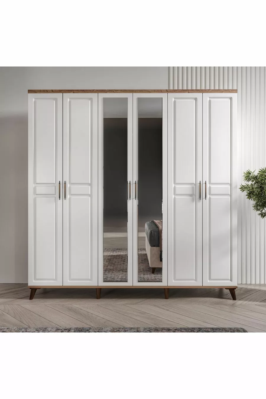 Camera da letto completa in MDF Sport con 6 ante, pino atlantico-bianco (con base)