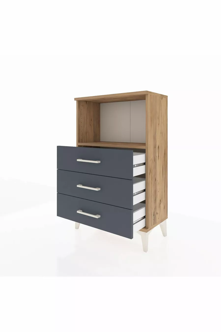 Table de chevet Arges avec une étagère et 3 tiroirs, pin-anthracite