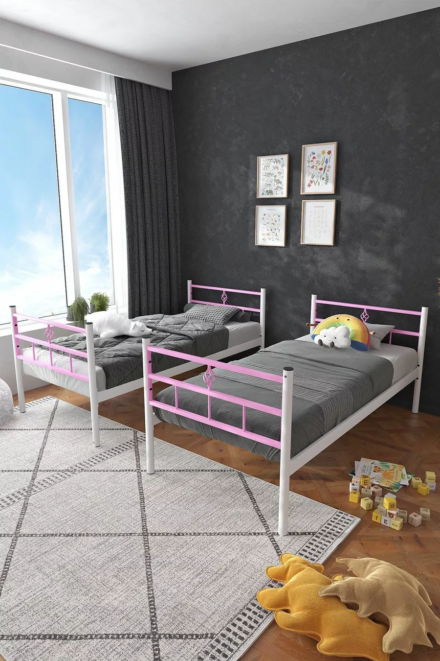 Lit superposé Koza Ranza compatible avec matelas, rose clair, métal détachable