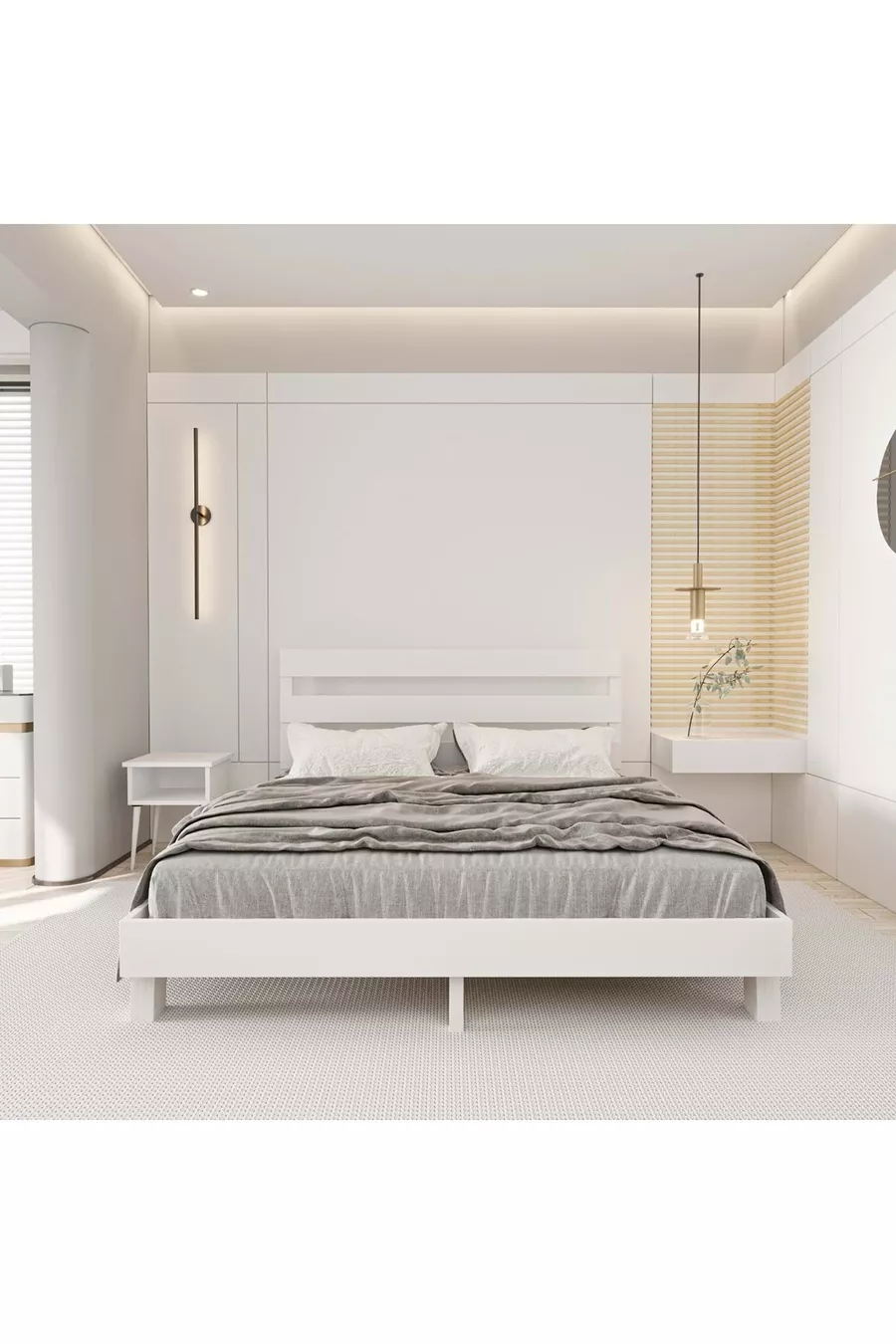 Ensemble Natura New Model Lit en bois de pin blanc et deux tables de chevet