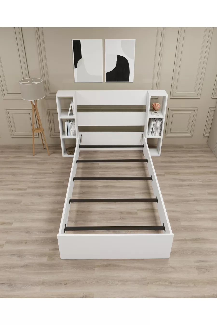 Lit simple avec étagère compatible avec matelas Smart, blanc - Smart