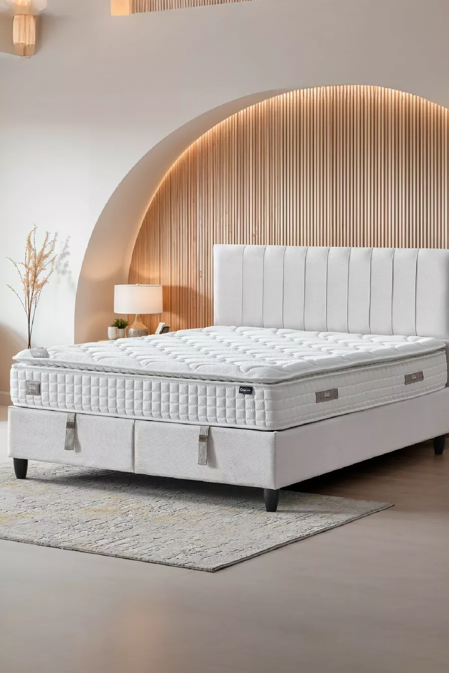 Ensemble 3 pièces Zambak Modèle Lit Double Orthopédique Complet avec Sommier à Lattes et Tête de Lit