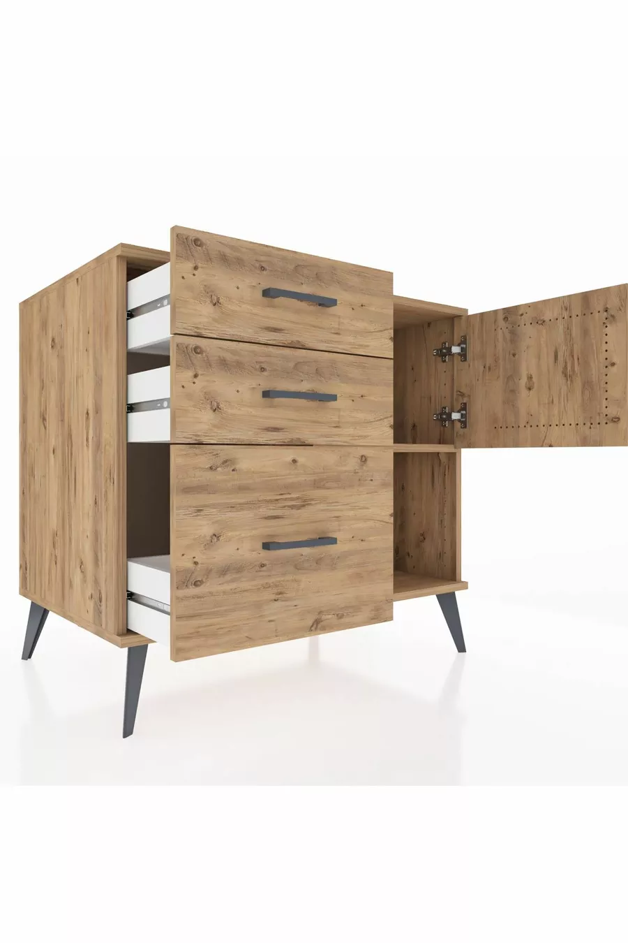 Commode Kronos avec une étagère, 3 tiroirs et une porte, pin-pin