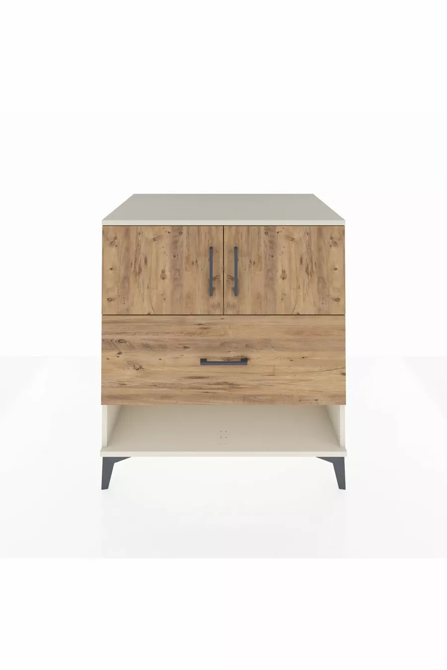 Commode Kronos avec 2 étagères, 1 tiroir et 2 portes, Pierre de Lune-Sapin
