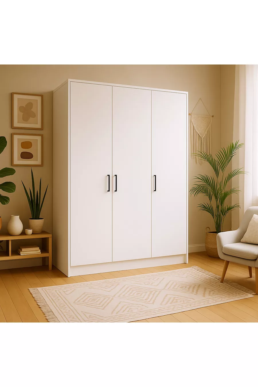 % MDF 3-Door Storage Cabinet |  cm | White – Modern Multi-Purpose Wardrobe