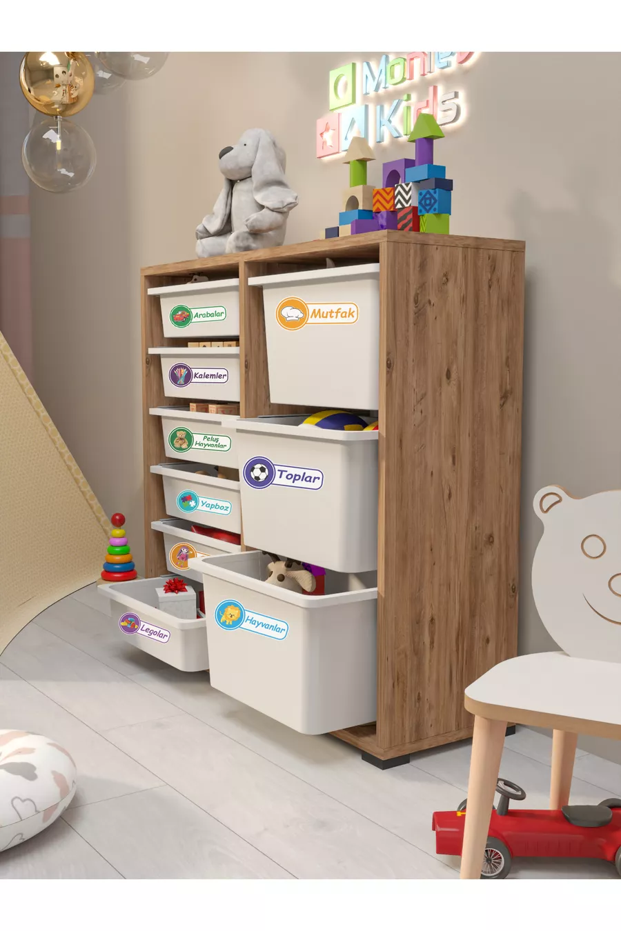 Armoire polyvalente Beyza avec 9 paniers et autocollants pour jouets