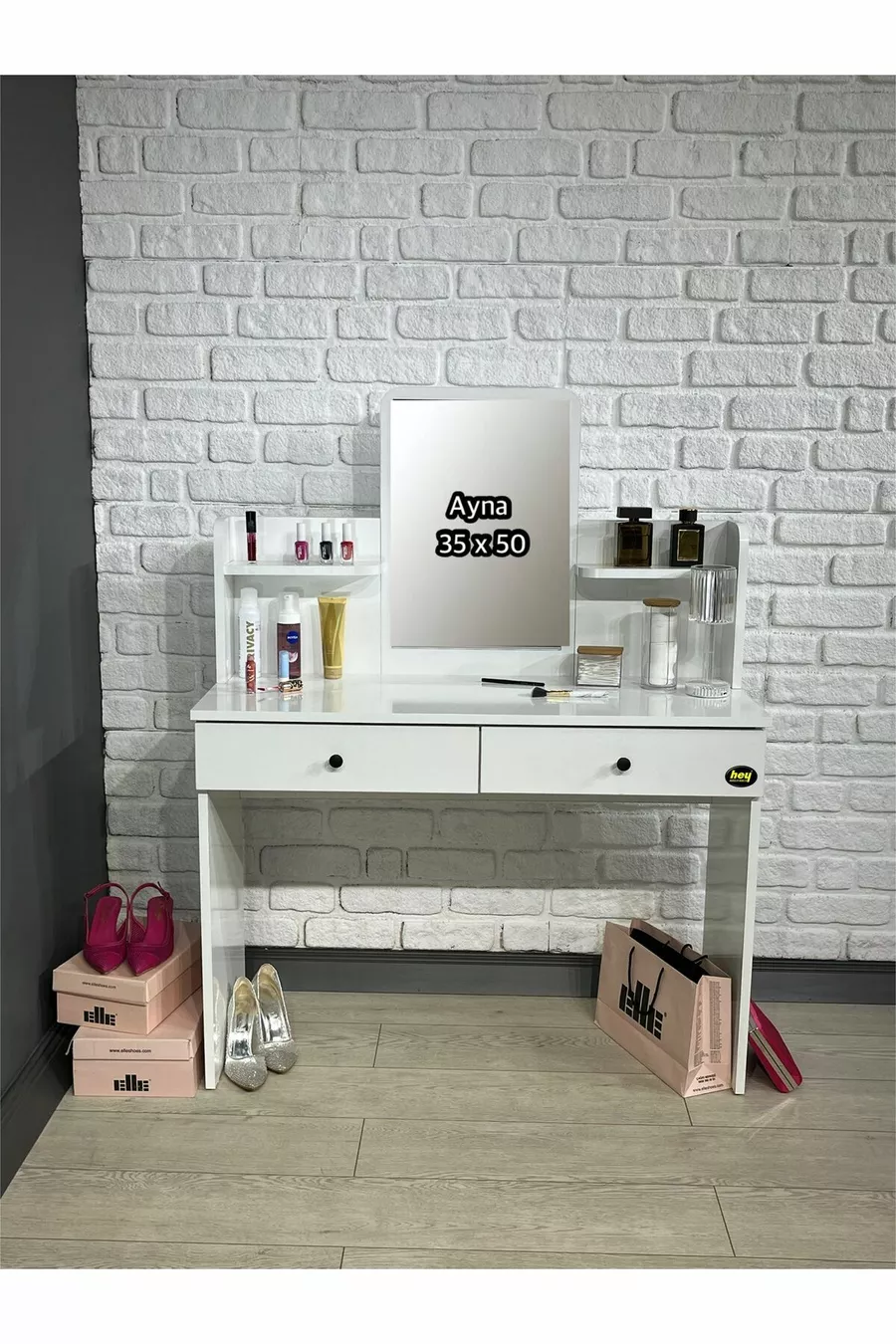 Tavolo da Trucco con Specchio, Tocador con 2 Cassetti, Organizer per Gioielli e Mensola, Bianco, cm