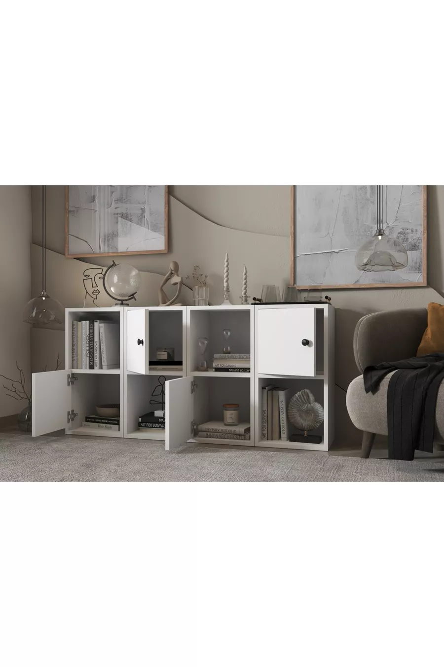 Four-Door White Dresser with Shelves, Without Slats