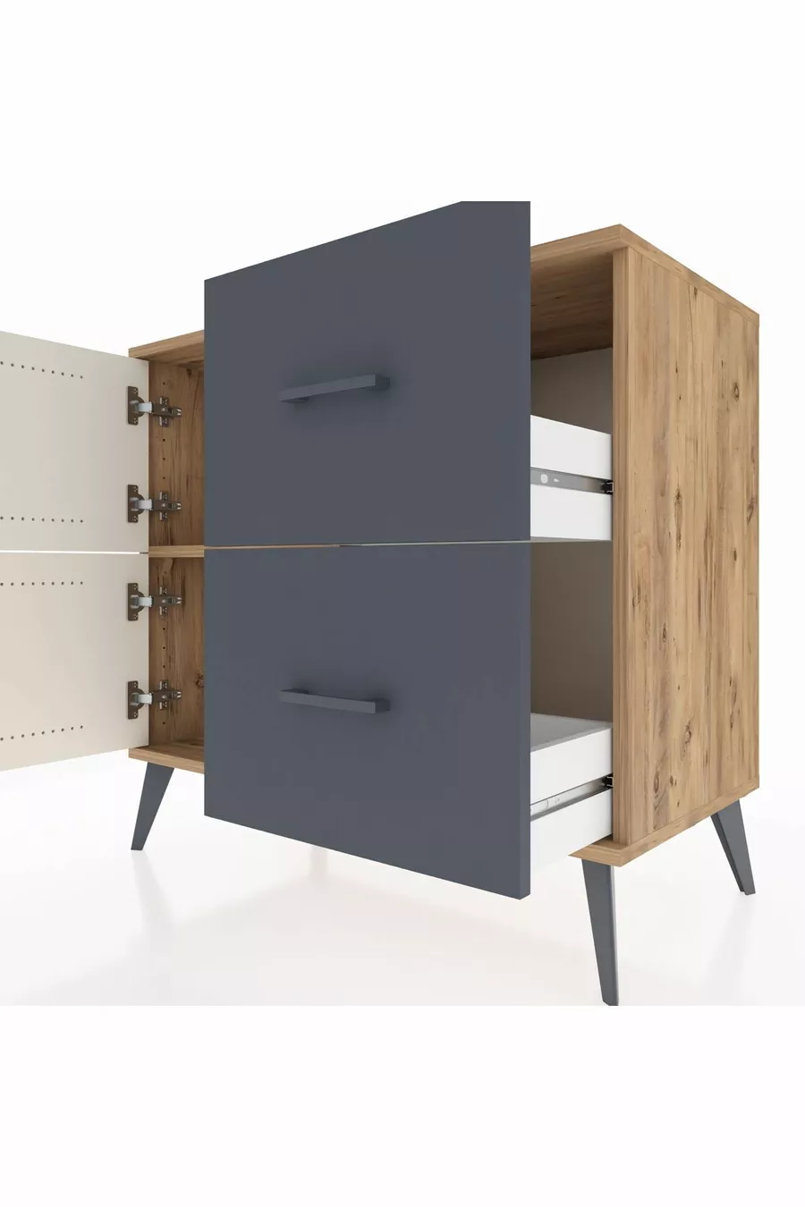 Commode Hyperion à une étagère, 2 tiroirs et 2 portes, pin-gris ardoise/anthracite