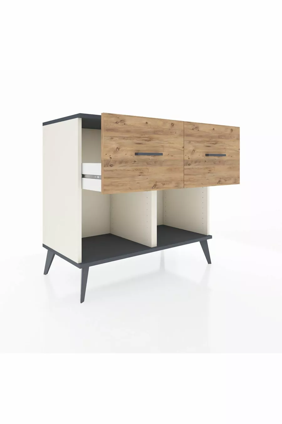 Commode Hyperion 2 tiroirs Pierre de lune-Anthracite/Pin