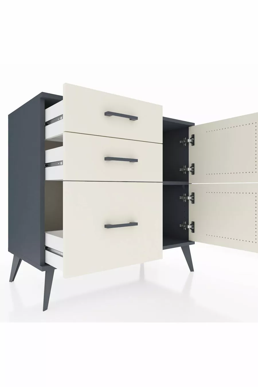 Commode Hyperion à une étagère, 3 tiroirs et 2 portes, Anthracite-Pierres de lune