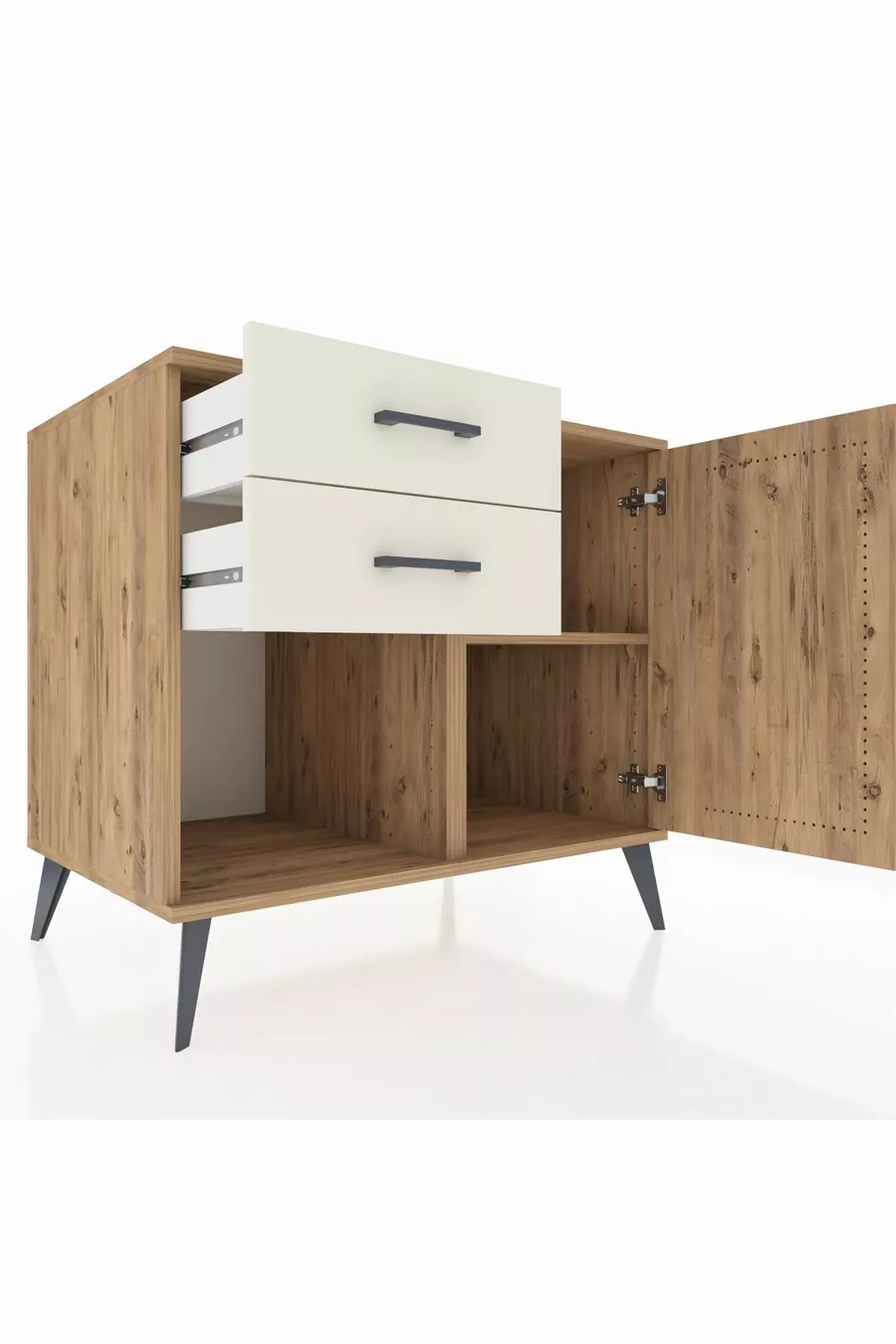 Kronos Dressoir Met Eén Plank, 2 Lades En Eén Deur, Dennen-Dennen/Marmer