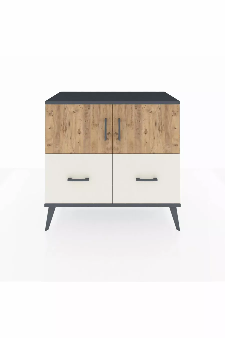 Commode Hyperion 2 étagères 2 tiroirs 2 portes Anthracite-Pin/Gris pierre