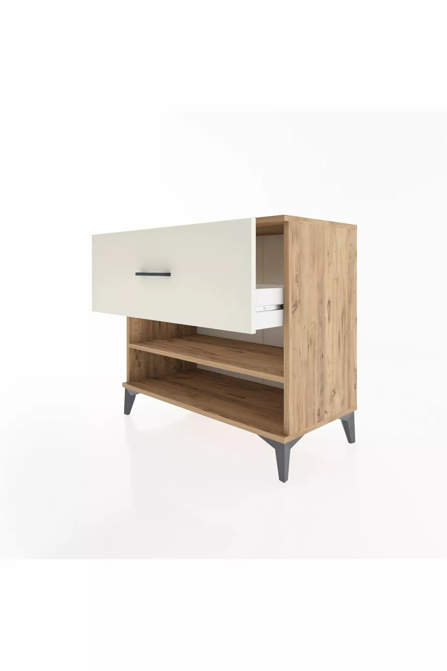 Commode Hyperion à une étagère et un tiroir, pin et marbre d'onyx