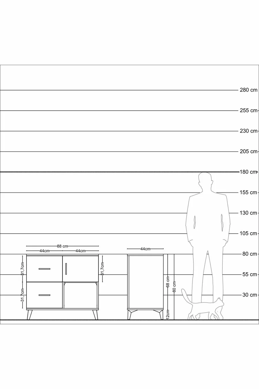 Commode Hyperion à une étagère, 2 tiroirs et une porte, Anthracite-Sapin/Anthracite
