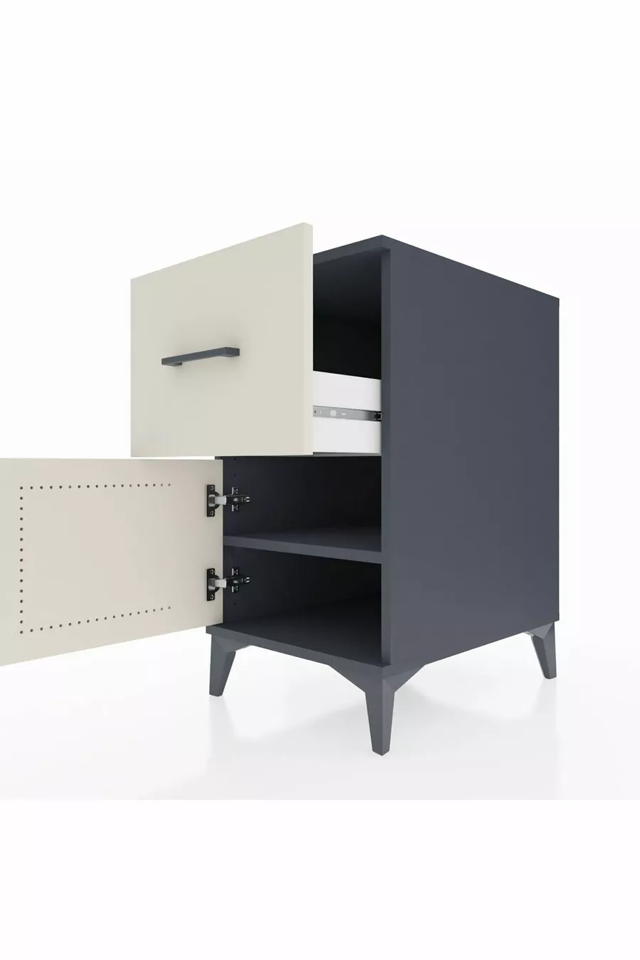 Table de chevet Kronos avec une étagère, un tiroir et une porte, couleur anthracite-pierre de lune
