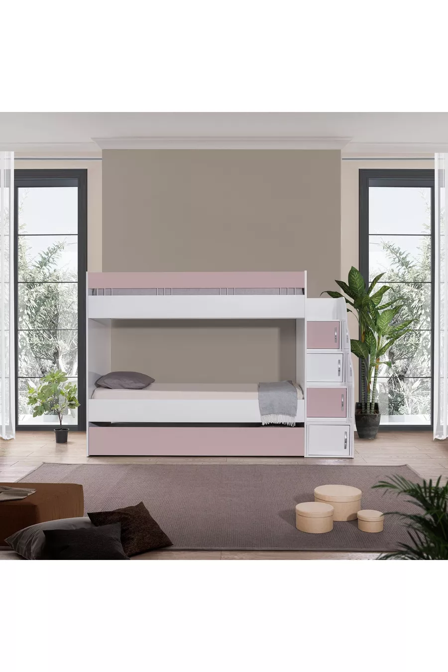 LETTO A CASTELLO, LETTO A CASTELLO BIANCO-ROSA CON CUCCIOLI