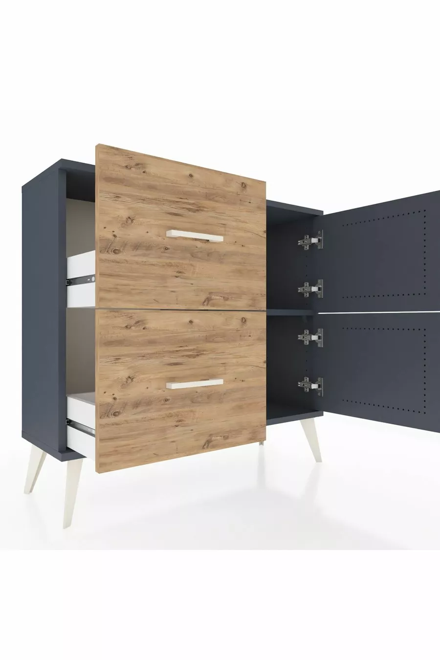 Commode Arges à une étagère, 2 tiroirs et 2 portes Anthracite-Anthracite/Sapin