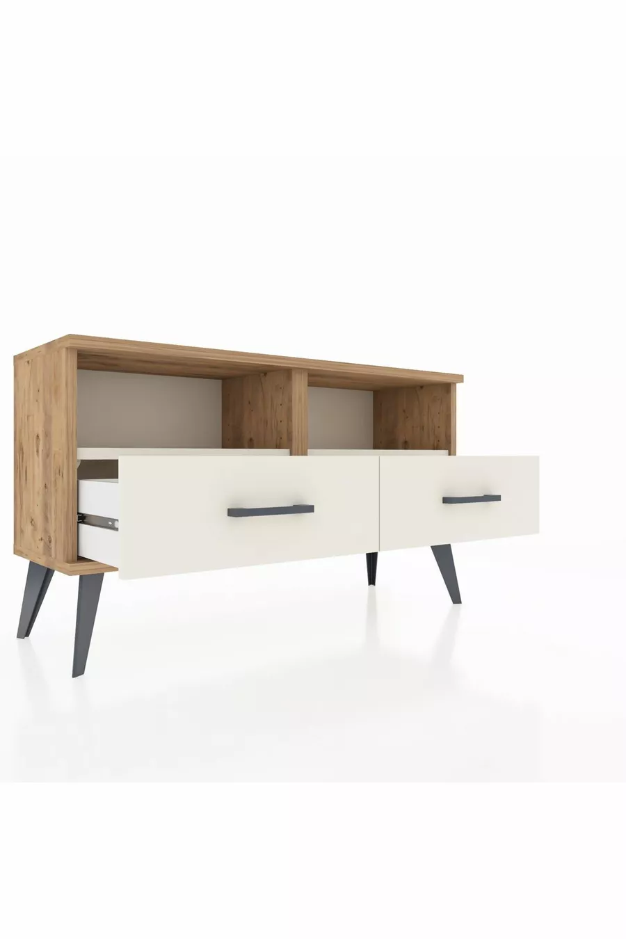 Commode Arges 2 étagères 2 tiroirs Pin-Pierre de lave
