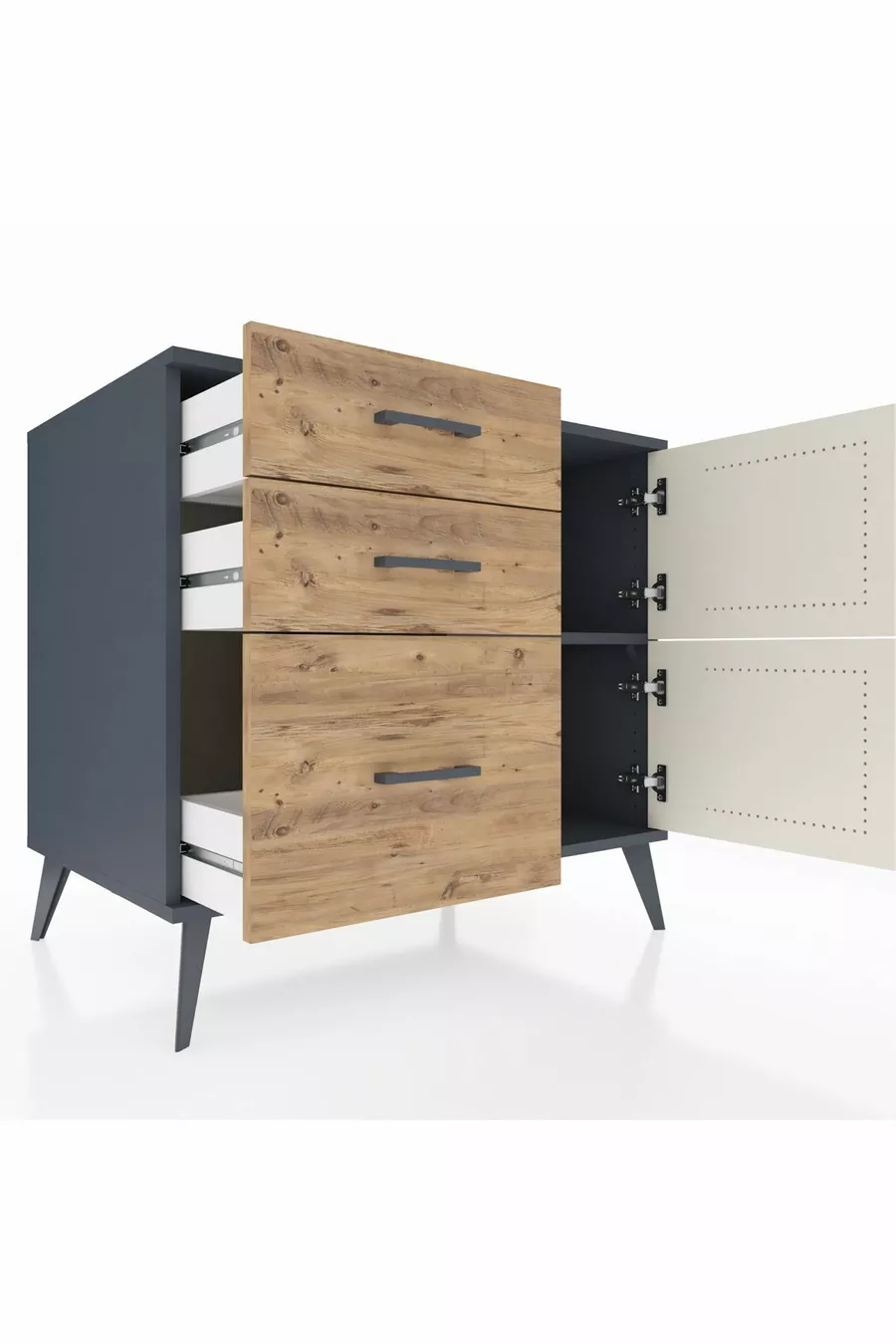 Commode Kronos à une étagère, 3 tiroirs, 2 portes, anthracite-pierre grise/pin
