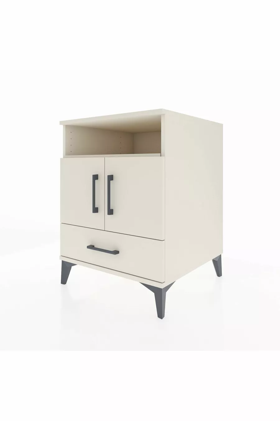 Table de chevet Kronos avec 3 étagères, 1 tiroir et 2 portes, couleur Pierre de Lune