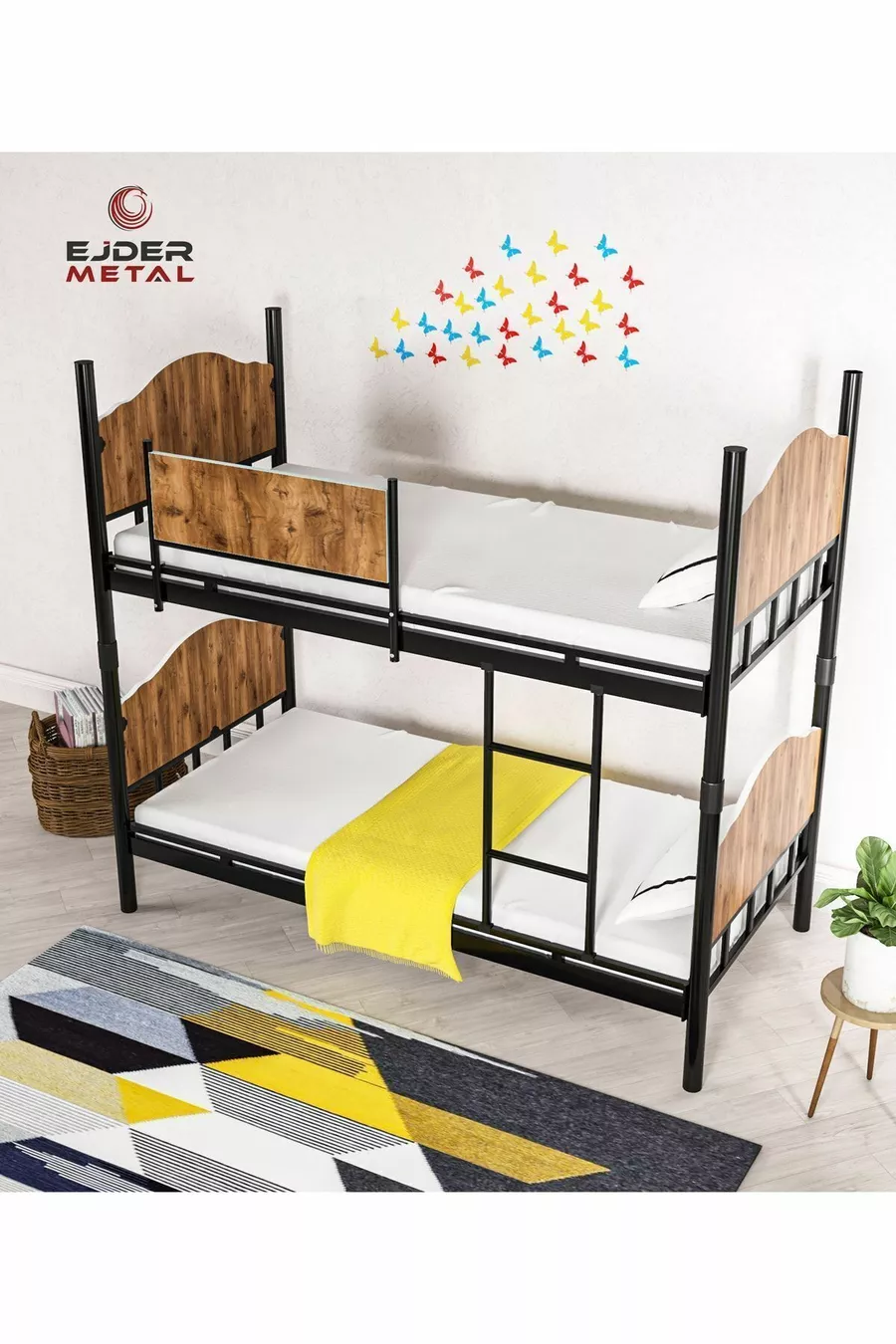 Metal Bunk Bed with Wood Black-Walnut Color (WITHOUT MATTRESS)
