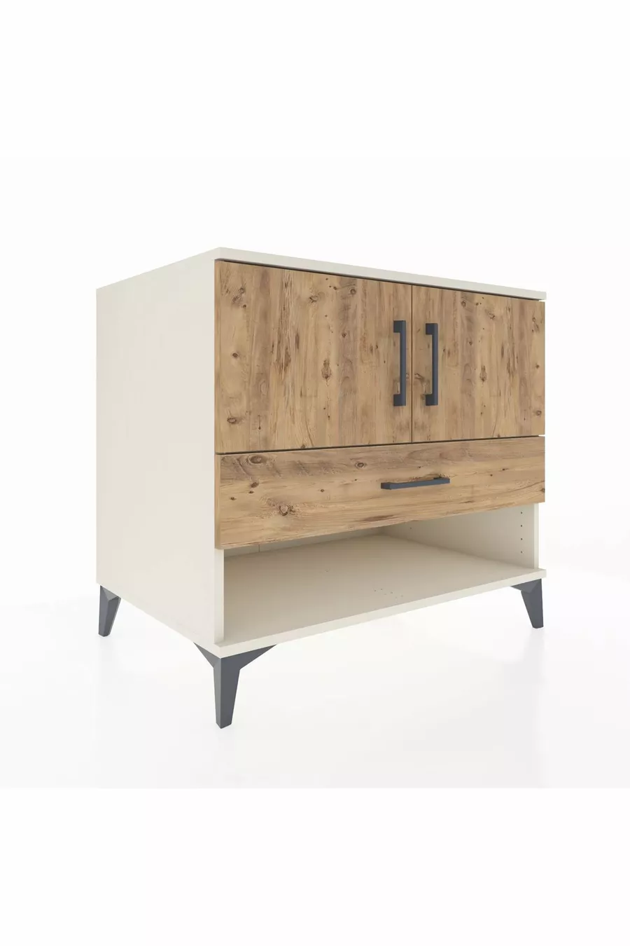 Commode Kronos avec 2 étagères, 1 tiroir et 2 portes, Pierre de Lune-Sapin