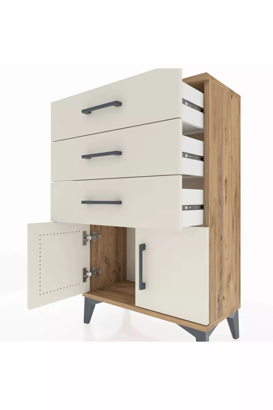 Chevet Arges avec 3 tiroirs et 2 portes, en pin et marbre