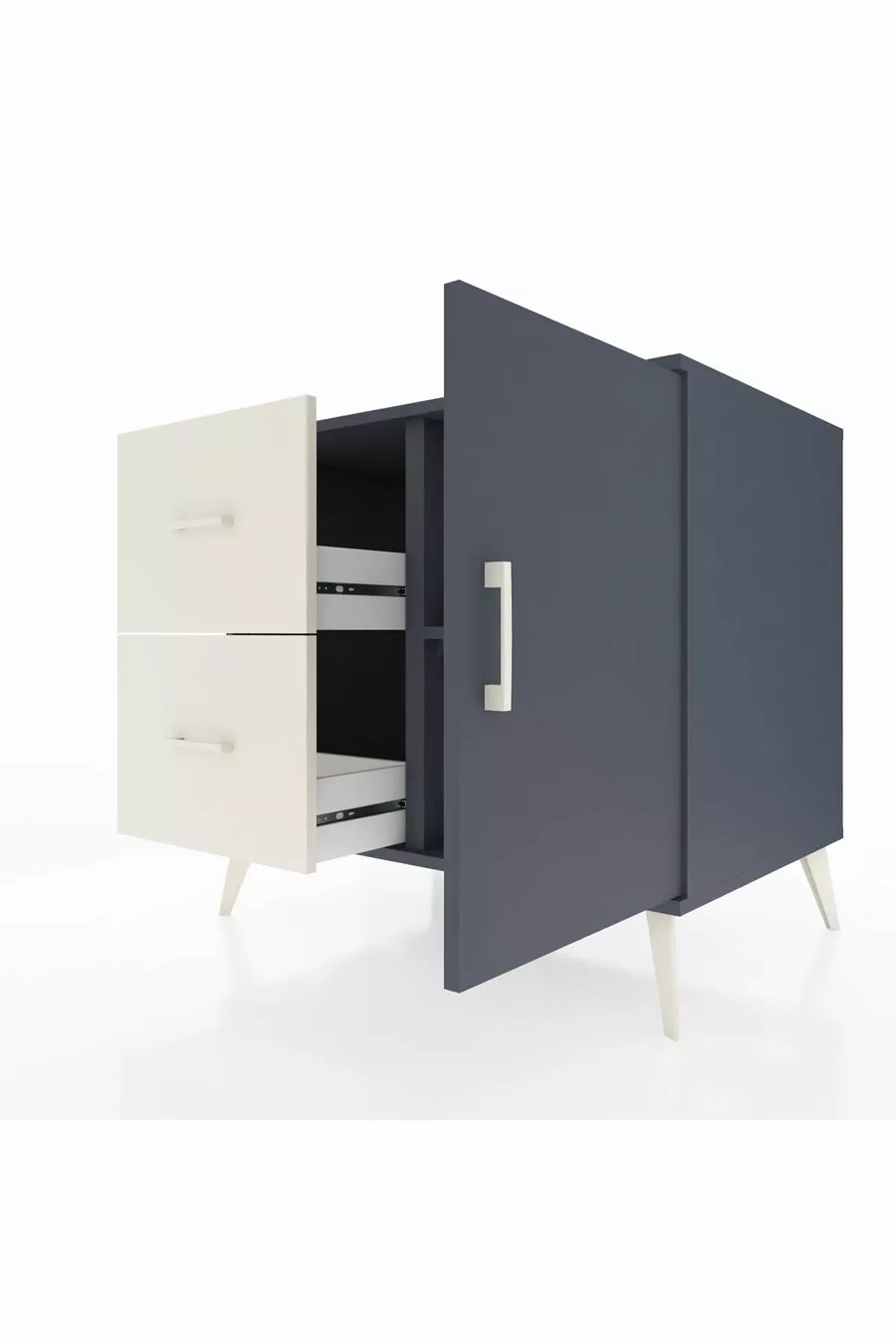 Commode Kronos à une étagère, 2 tiroirs et une porte, Anthracite-Anthracite/Gris pierre