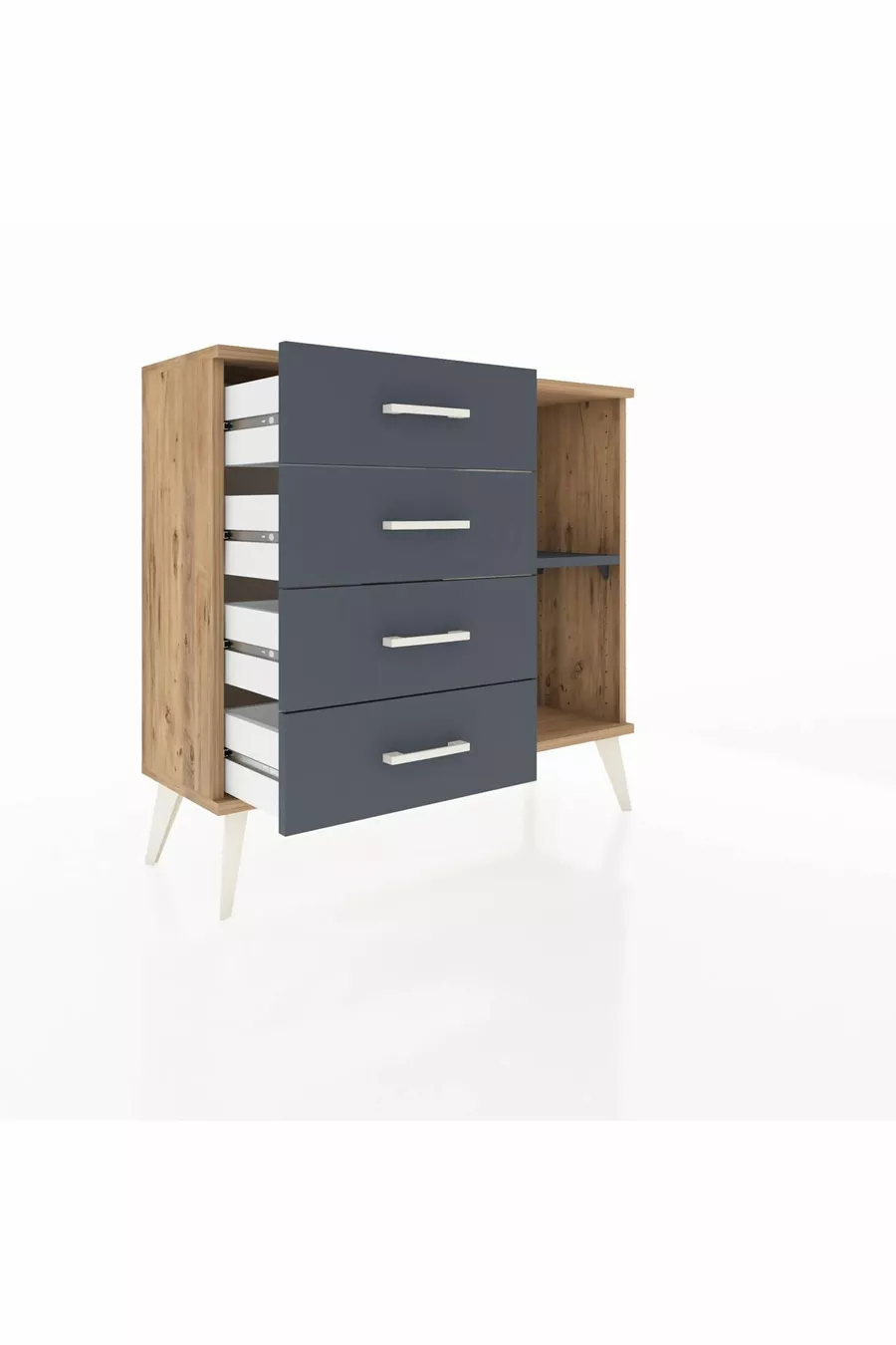 Commode Arges à une étagère et 4 tiroirs en pin-anthracite