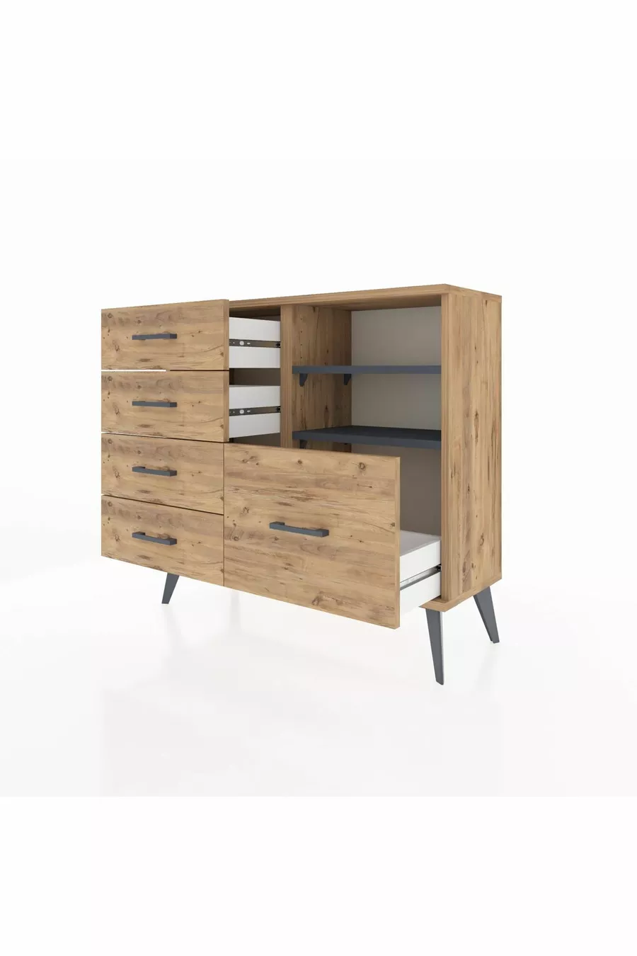 Commode Arges 2 étagères 5 tiroirs Pin-Anthracite/Pin