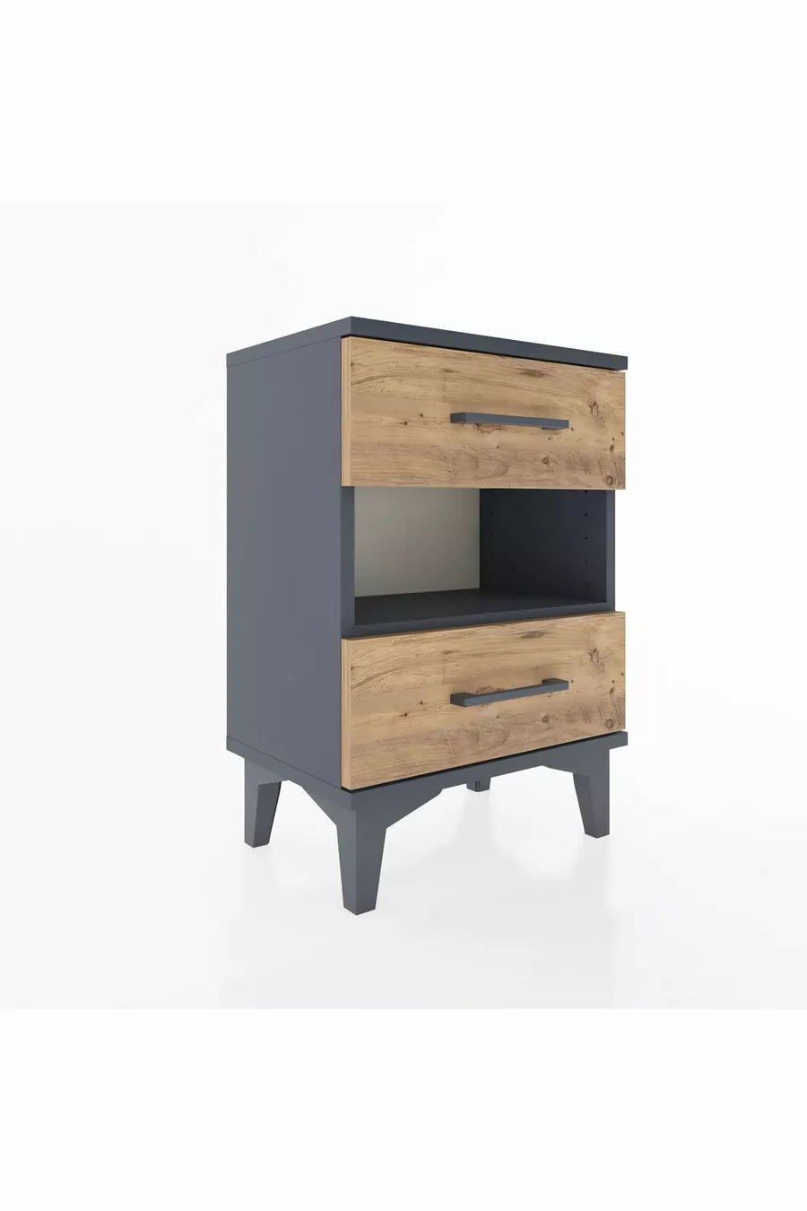 Chevet Arges à une étagère et deux tiroirs Anthracite-Pin