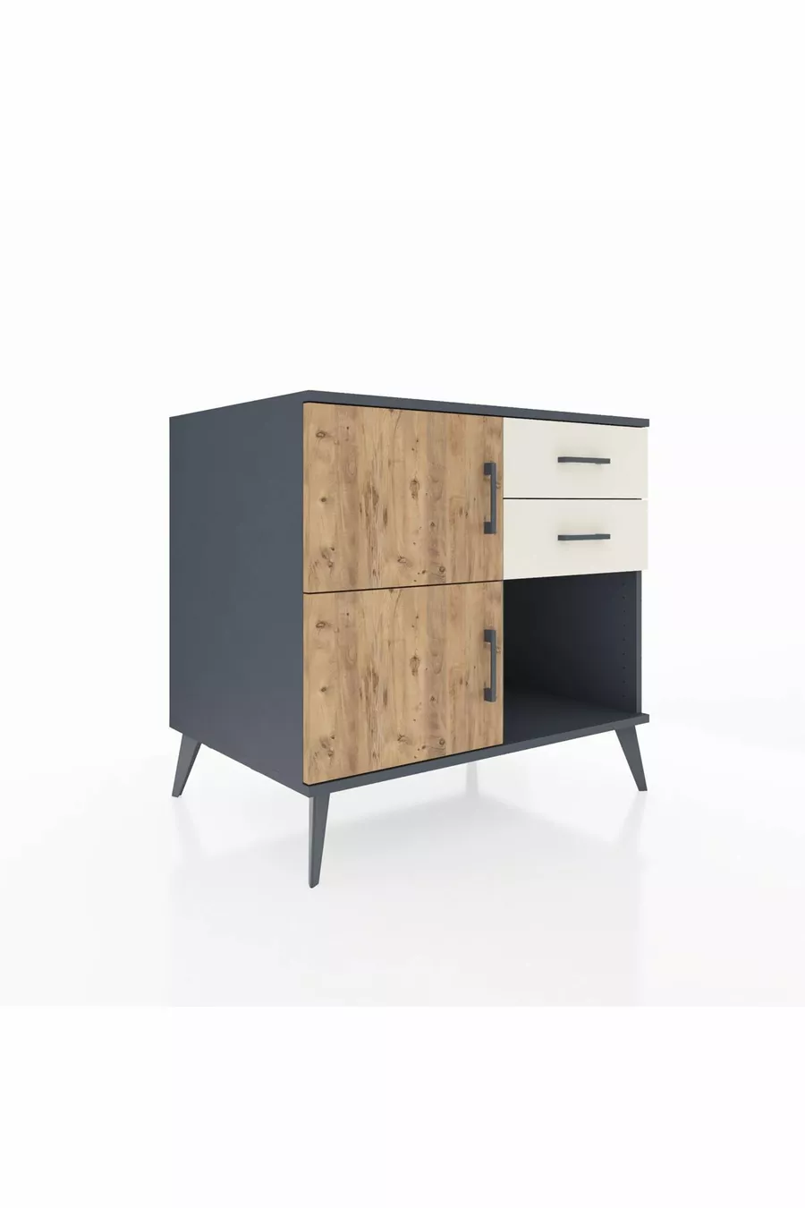 Commode Kronos à une étagère, 2 tiroirs, 2 portes Anthracite-Sapin/Pierre de lune