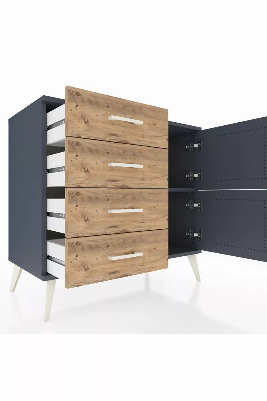 Commode Hyperion à une étagère, 4 tiroirs et 2 portes Anthracite-Anthracite/Sapin