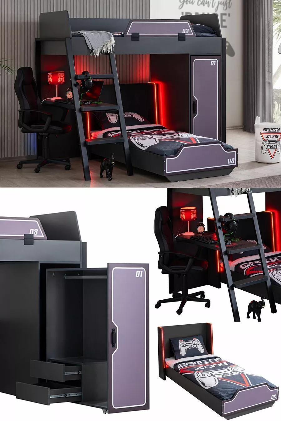 Chambre de joueur avec lit superposé, lits mezzanine Gamer avec LED, bureau et armoire