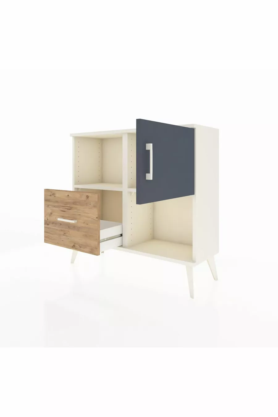 Comò Arges con 2 Ripiani, 1 Cassetto e 1 Anta, Avorio-Antracite/Pino