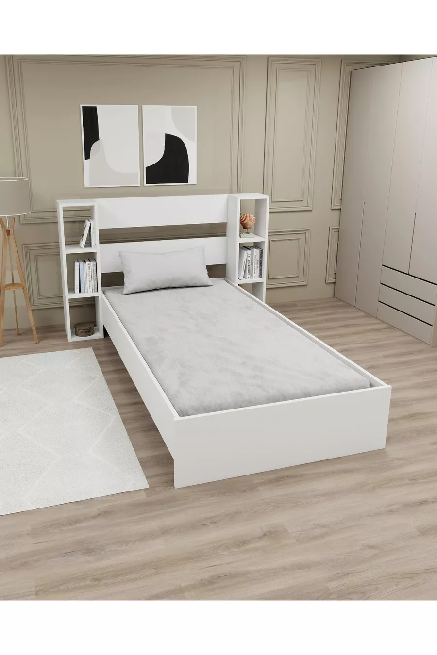 Lit simple avec étagère compatible avec matelas Smart, blanc - Smart