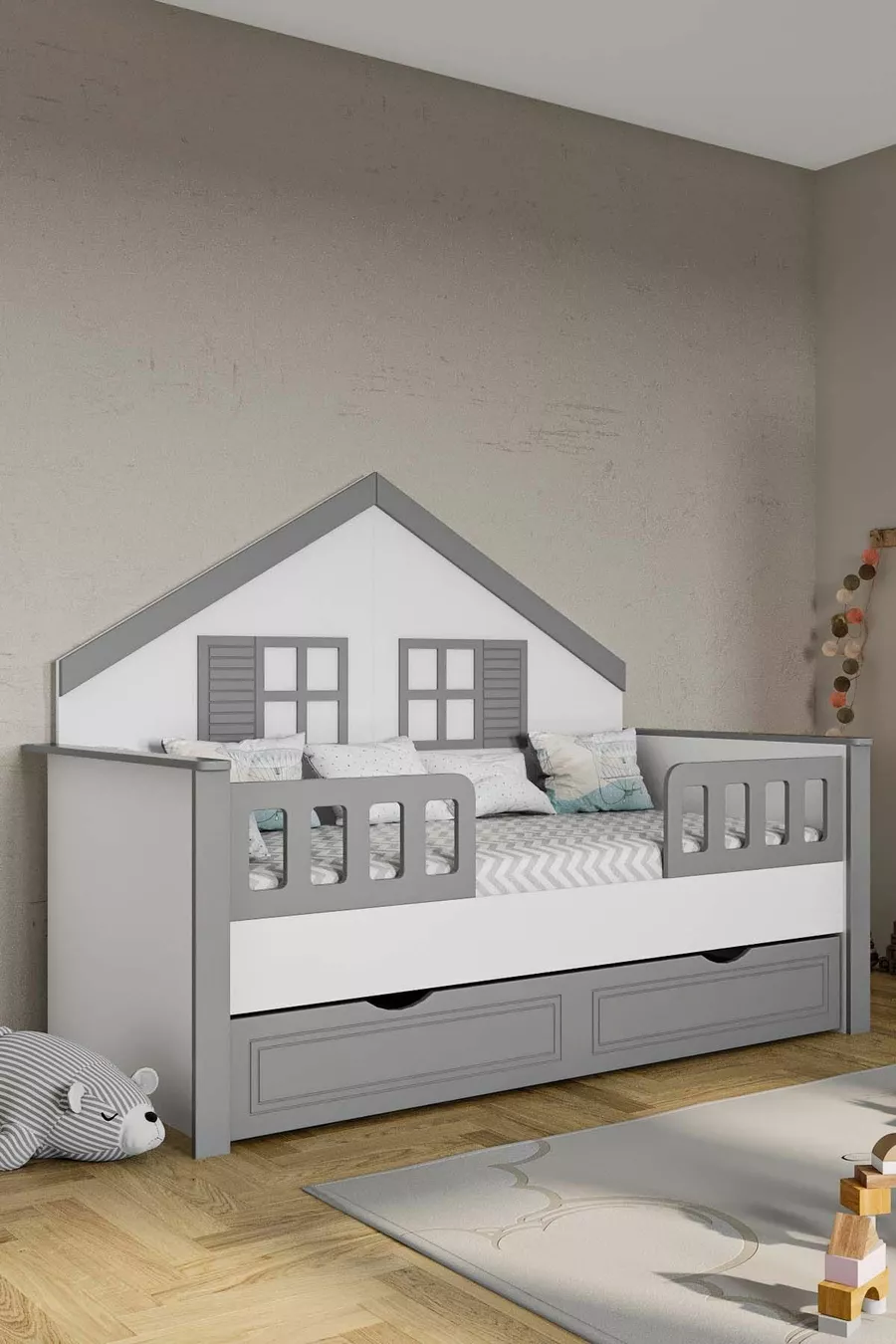 % MDF Materiaal Kinder Montessori Bed met Lade, Grijs