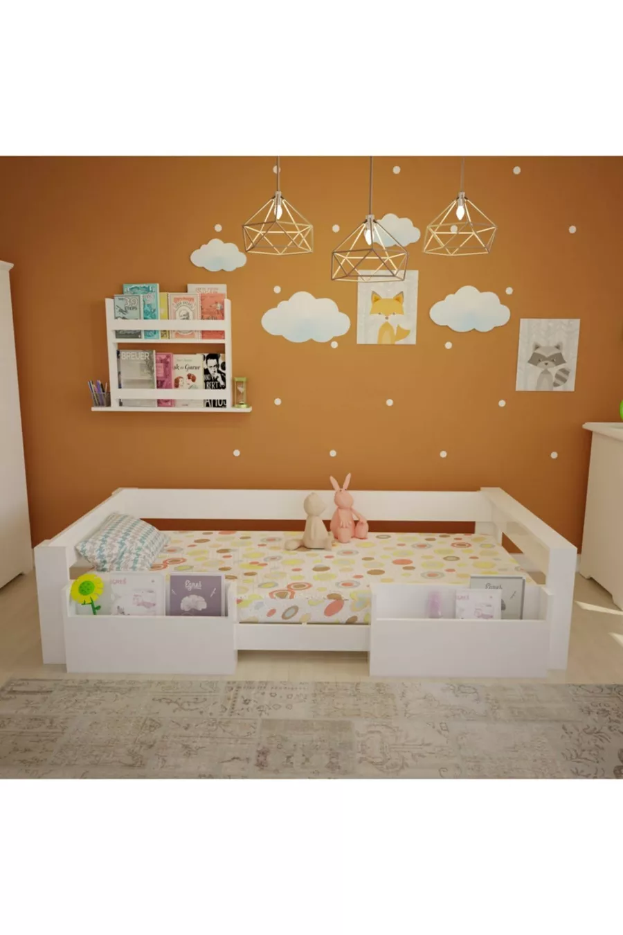 Vega Montessori Letto in MDF Bianco con Tasca, Compatibile con Materasso M
