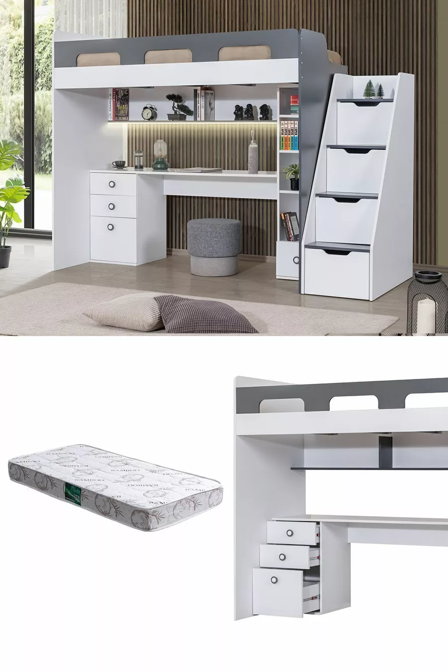 Lit superposé, bureau et bibliothèque Troya - Anthracite, 1 matelas Confort