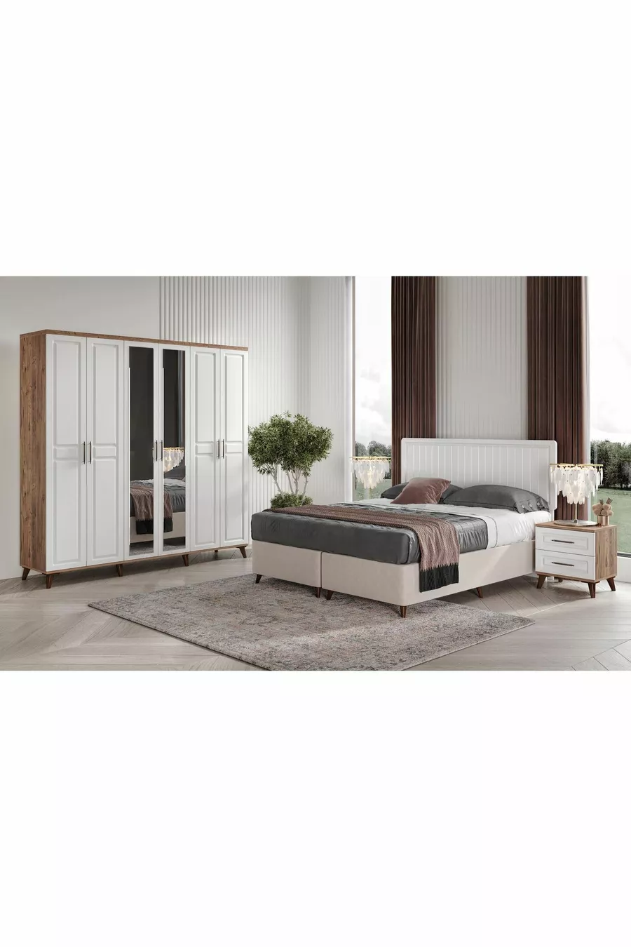 Camera da letto completa in MDF Sport con 6 ante, pino atlantico-bianco (con base)
