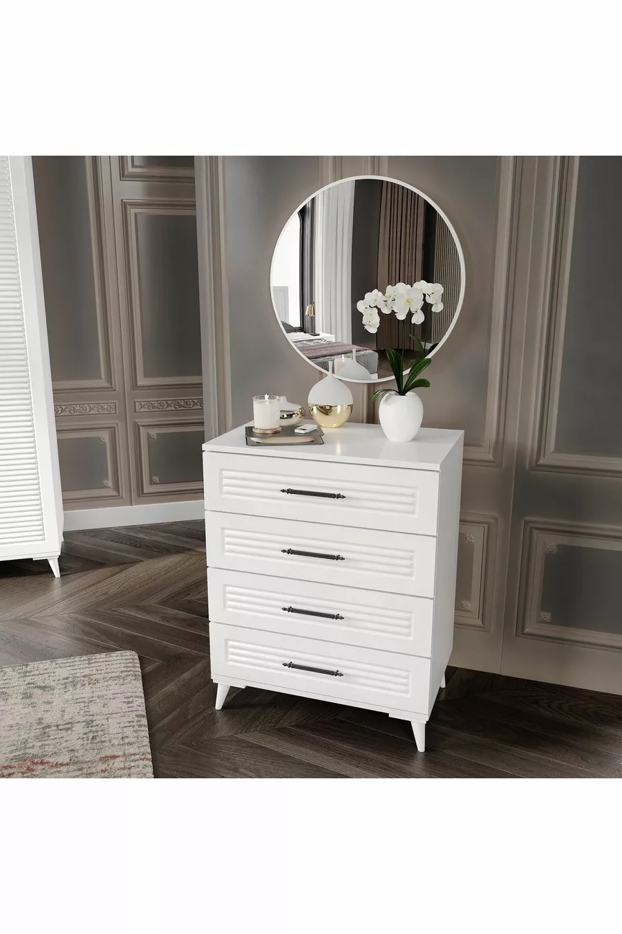 Complete MDF Paris White Bedroom Set with 6 Doors and Bed Base