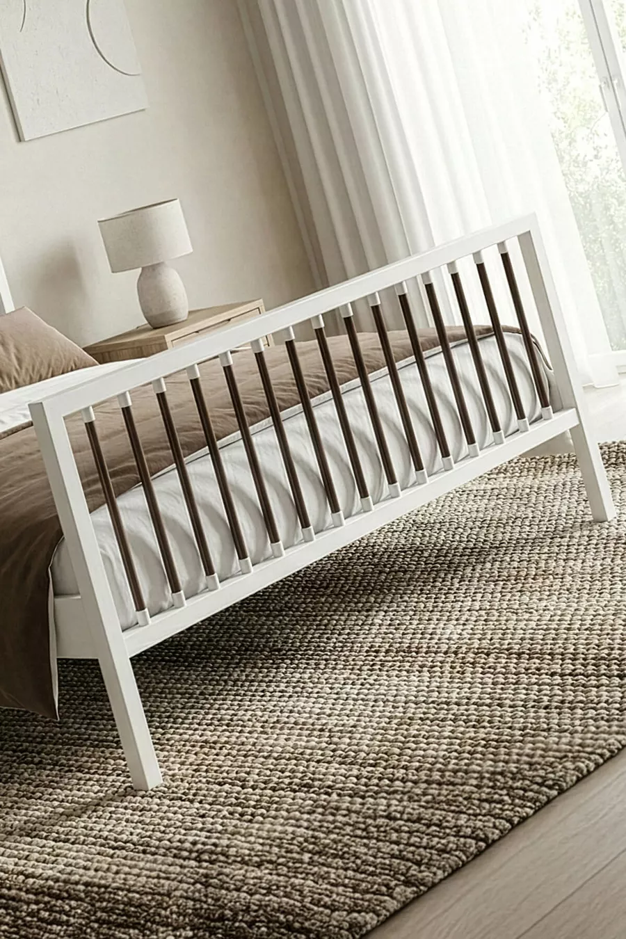 Lit double en métal forgé Breeze (BLANC-MARRON) (Avec lattes en bois)